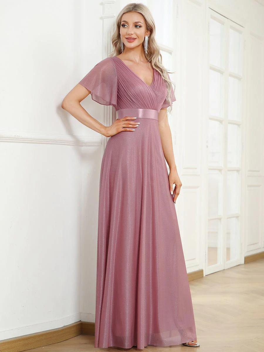 ever LIORÉ|Long Shimmery Flutter Sleeve Pleated V-Neck Evening Dress - Image 38