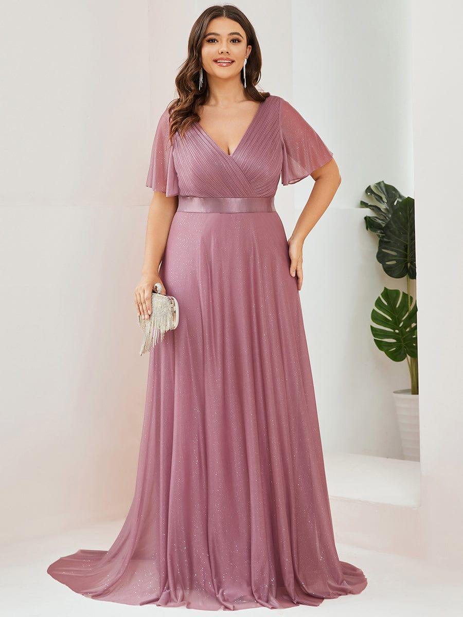 ever LIORÉ|Long Shimmery Flutter Sleeve Pleated V-Neck Evening Dress - Image 39
