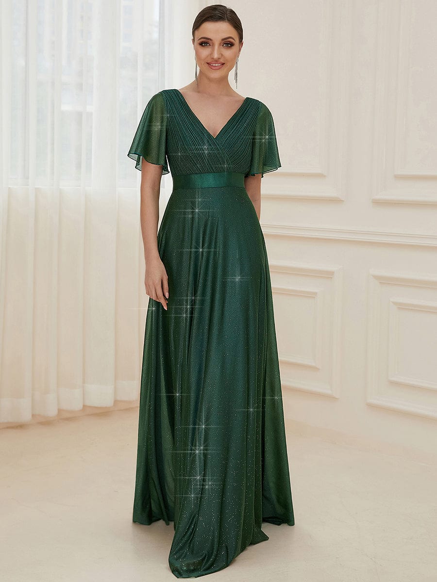 ever LIORÉ|Long Shimmery Flutter Sleeve Pleated V-Neck Evening Dress - Image 4