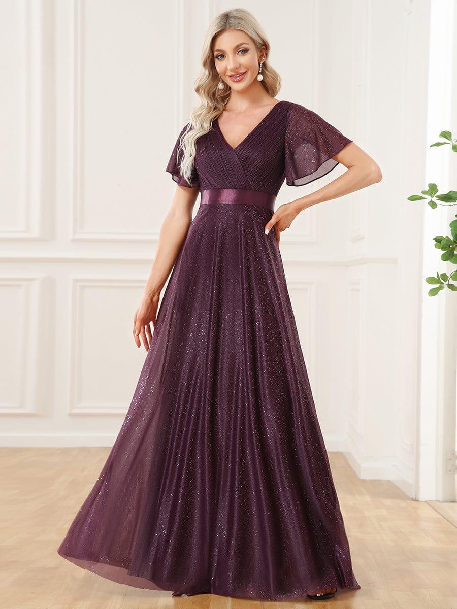 ever LIORÉ|Long Shimmery Flutter Sleeve Pleated V-Neck Evening Dress - Image 41