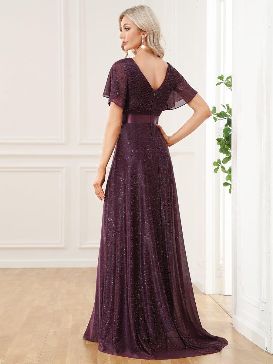 ever LIORÉ|Long Shimmery Flutter Sleeve Pleated V-Neck Evening Dress - Image 42