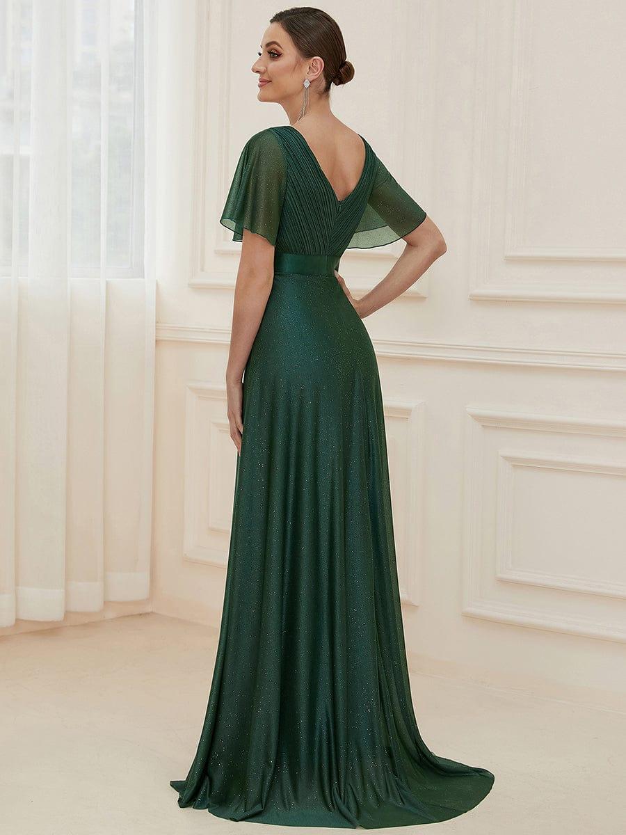 ever LIORÉ|Long Shimmery Flutter Sleeve Pleated V-Neck Evening Dress - Image 5