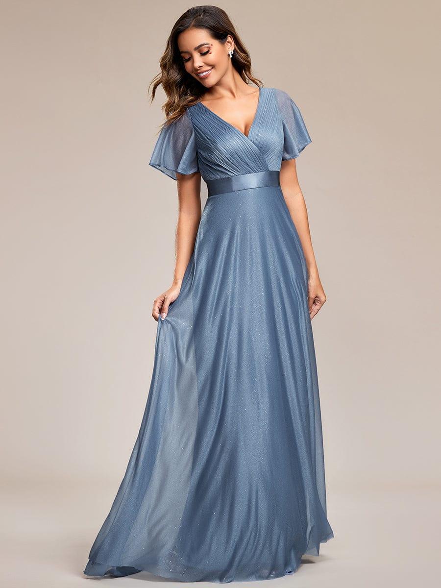 ever LIORÉ|Long Shimmery Flutter Sleeve Pleated V-Neck Evening Dress - Image 52