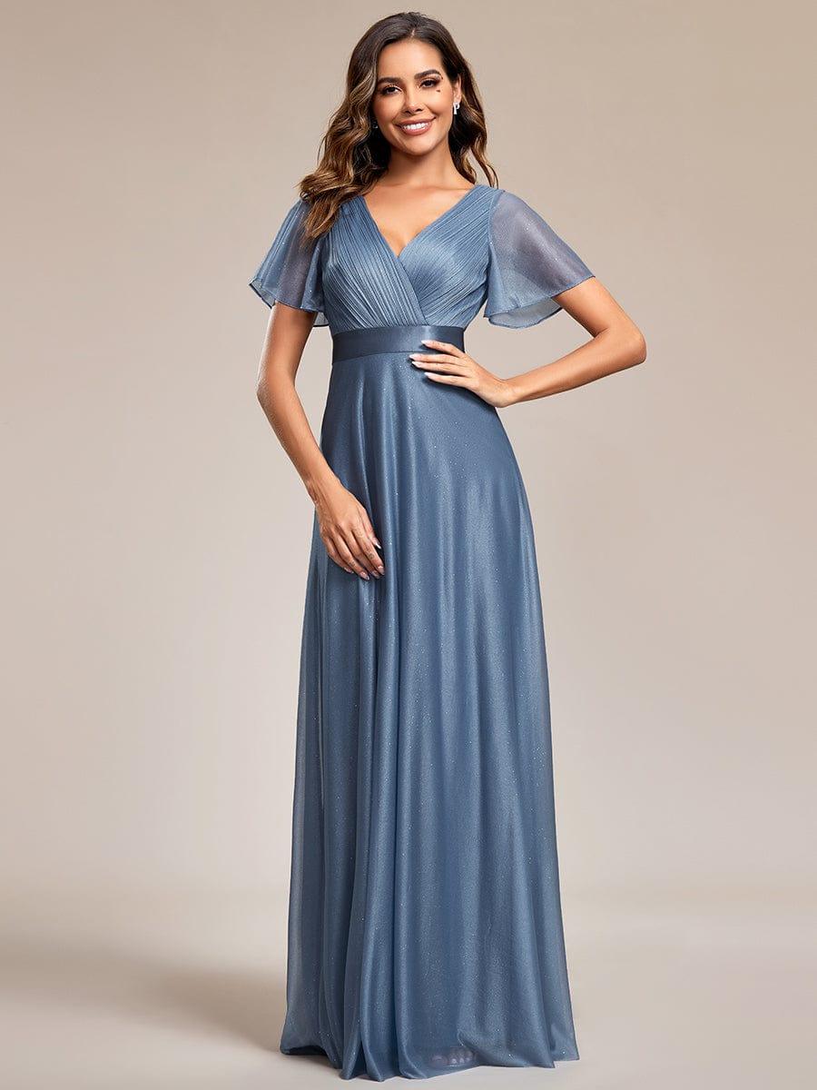 ever LIORÉ|Long Shimmery Flutter Sleeve Pleated V-Neck Evening Dress - Image 53
