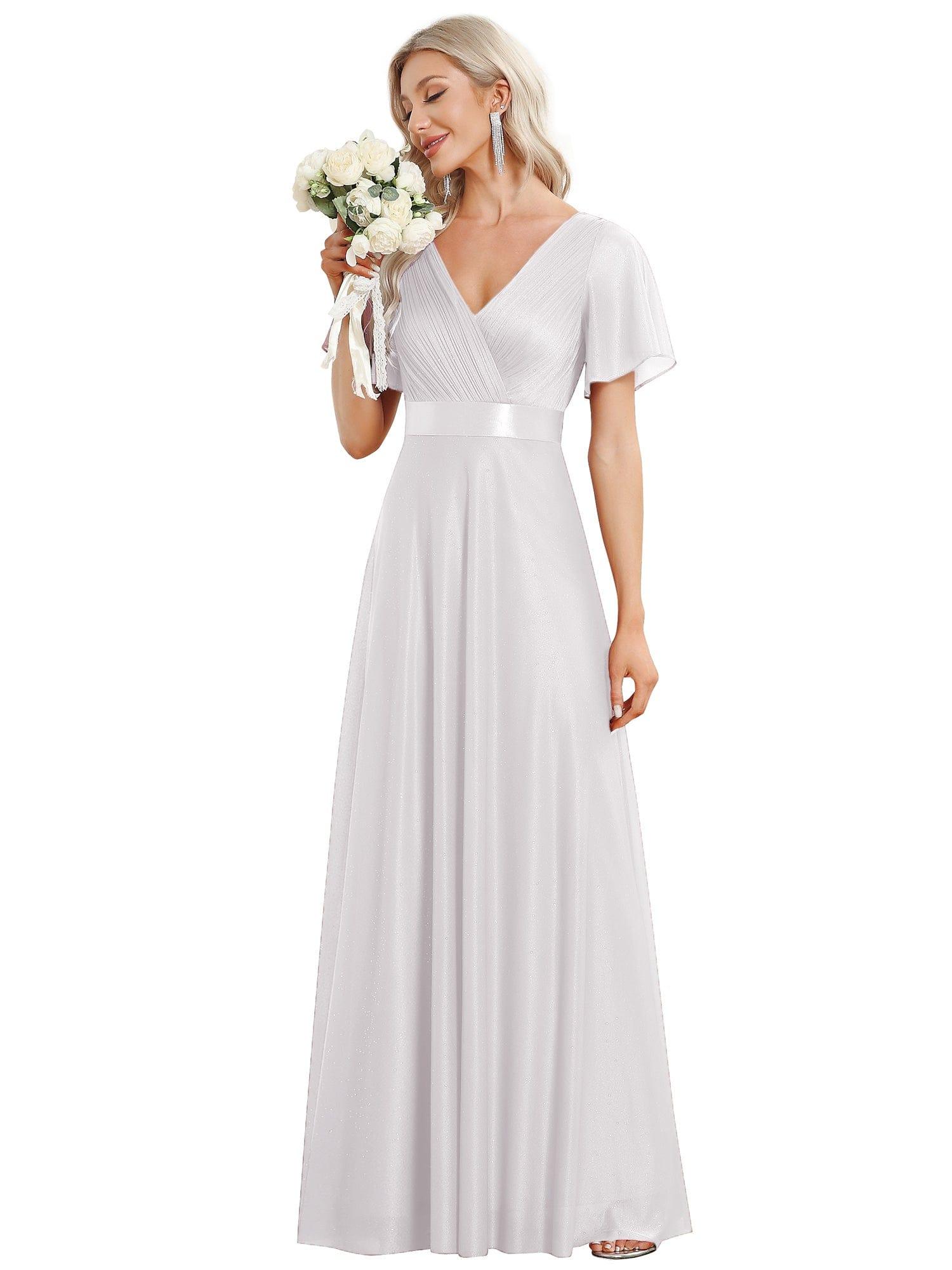 ever LIORÉ|Long Shimmery Flutter Sleeve Pleated V-Neck Evening Dress - Image 61