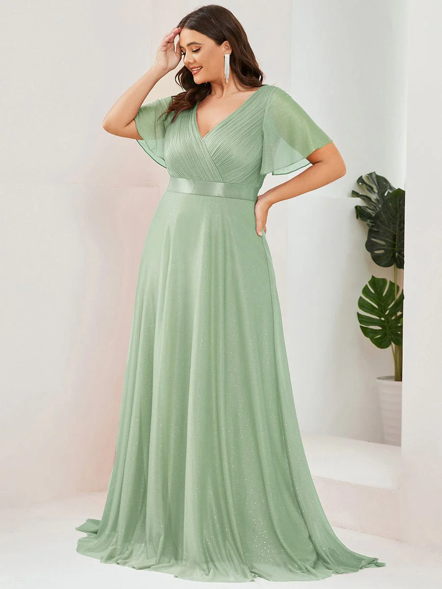 ever LIORÉ|Long Shimmery Flutter Sleeve Pleated V-Neck Evening Dress - Image 71