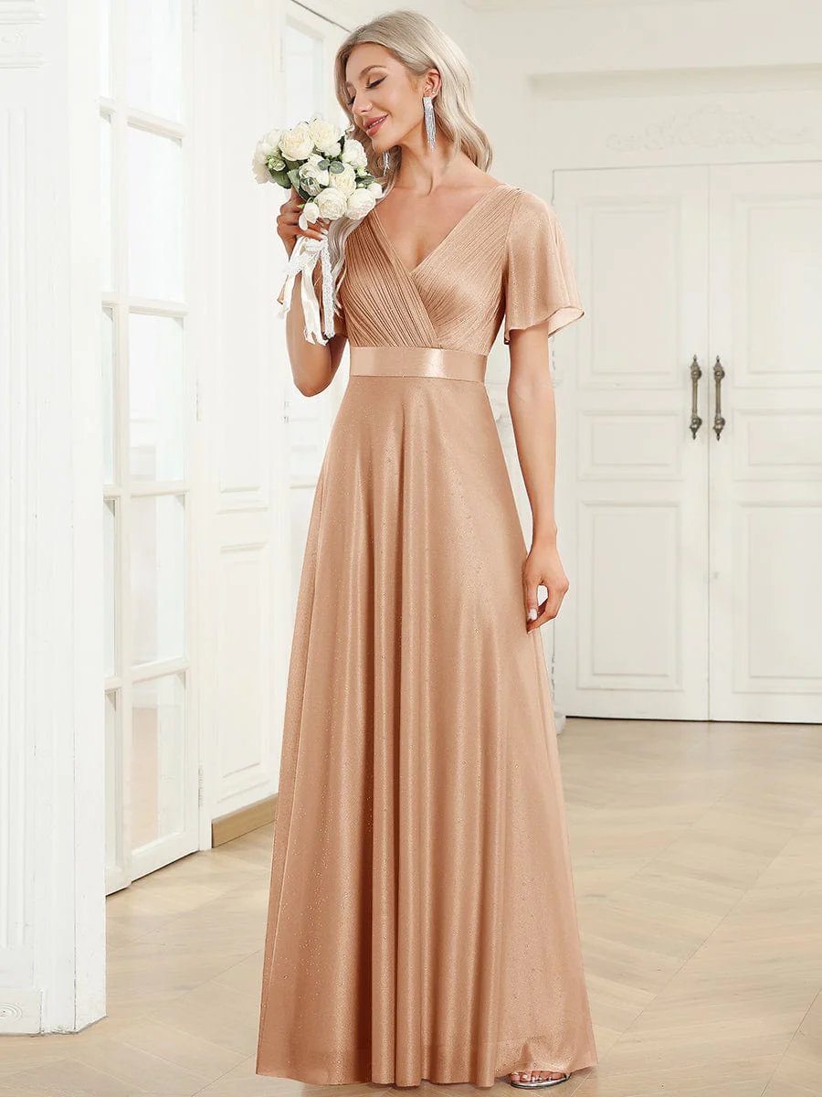 ever LIORÉ|Long Shimmery Flutter Sleeve Pleated V-Neck Evening Dress - Image 72