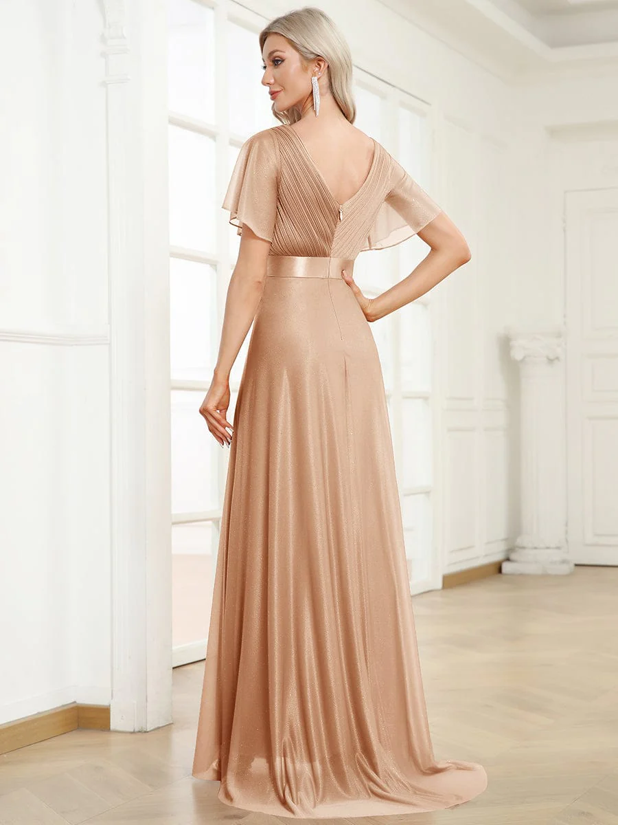 ever LIORÉ|Long Shimmery Flutter Sleeve Pleated V-Neck Evening Dress - Image 73