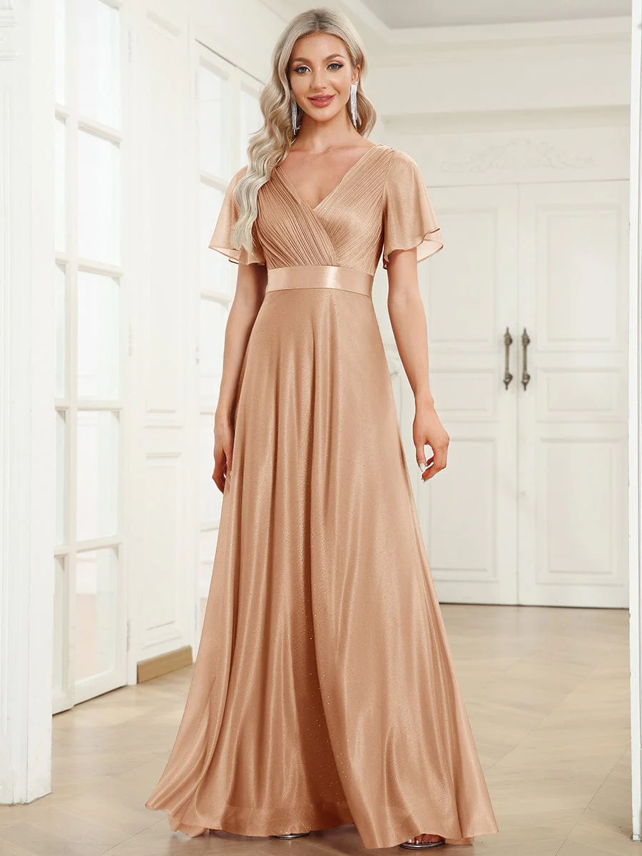 ever LIORÉ|Long Shimmery Flutter Sleeve Pleated V-Neck Evening Dress - Image 75