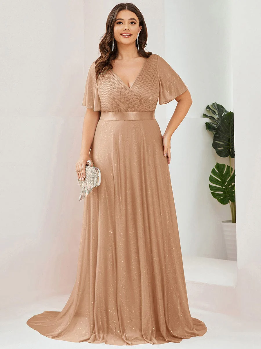 ever LIORÉ|Long Shimmery Flutter Sleeve Pleated V-Neck Evening Dress - Image 77