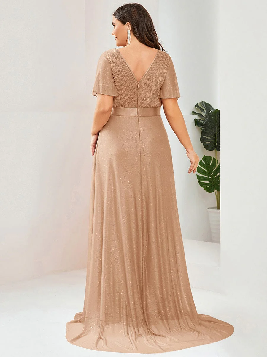 ever LIORÉ|Long Shimmery Flutter Sleeve Pleated V-Neck Evening Dress - Image 78
