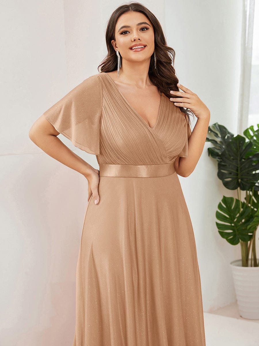 ever LIORÉ|Long Shimmery Flutter Sleeve Pleated V-Neck Evening Dress - Image 79