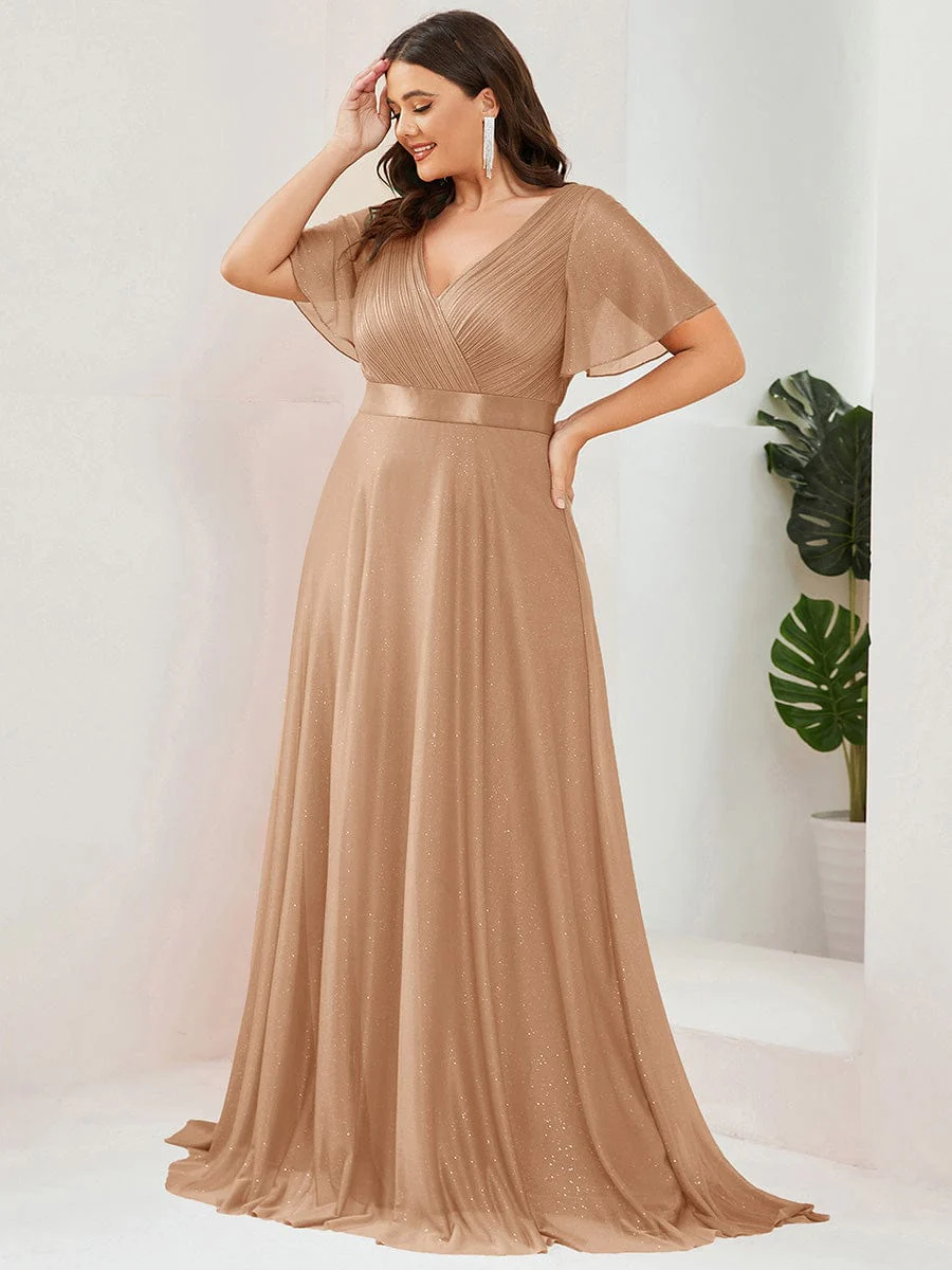 ever LIORÉ|Long Shimmery Flutter Sleeve Pleated V-Neck Evening Dress - Image 80