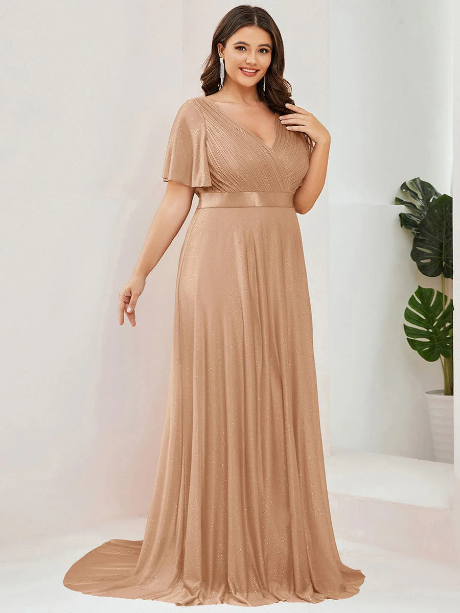 ever LIORÉ|Long Shimmery Flutter Sleeve Pleated V-Neck Evening Dress - Image 81