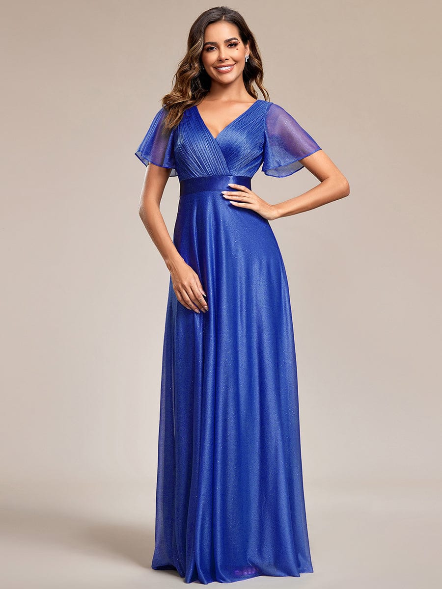 ever LIORÉ|Long Shimmery Flutter Sleeve Pleated V-Neck Evening Dress - Image 82