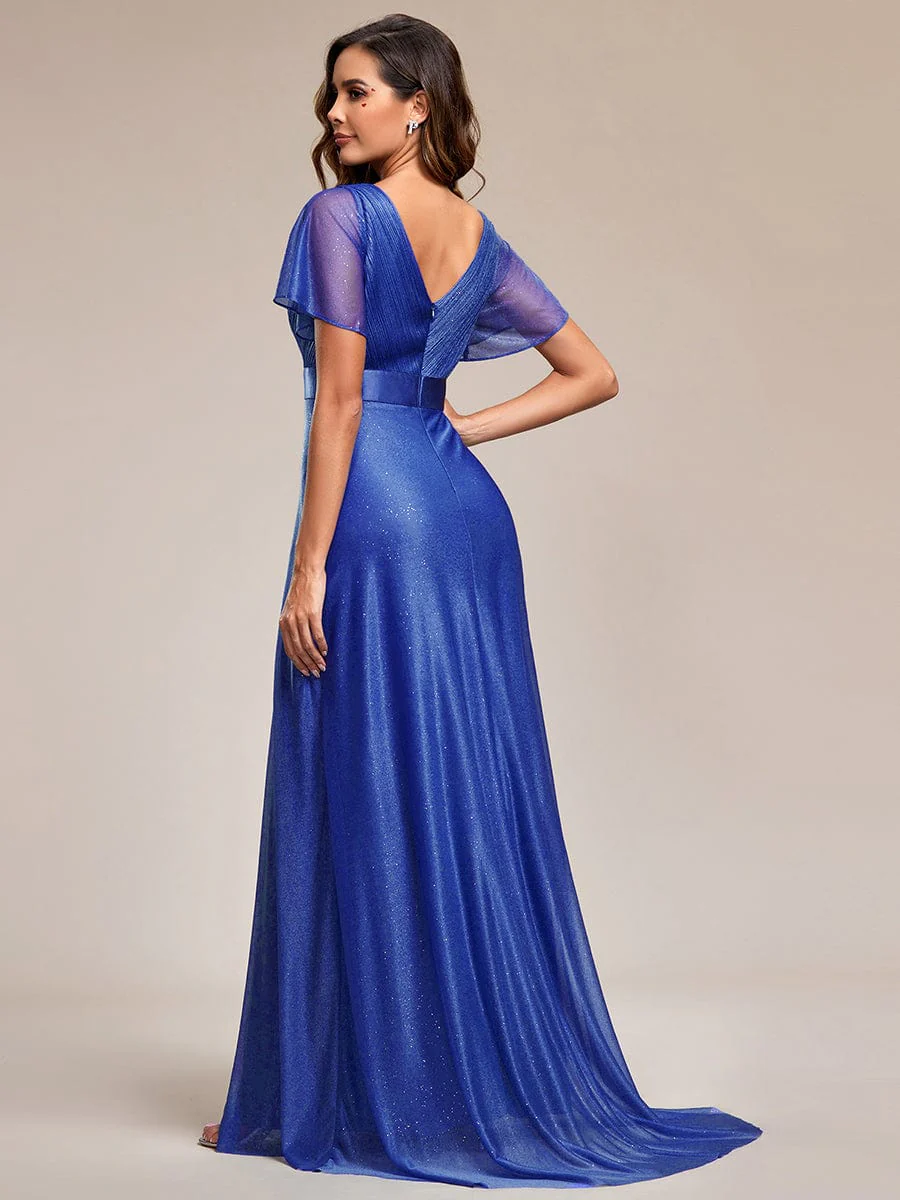 ever LIORÉ|Long Shimmery Flutter Sleeve Pleated V-Neck Evening Dress - Image 83