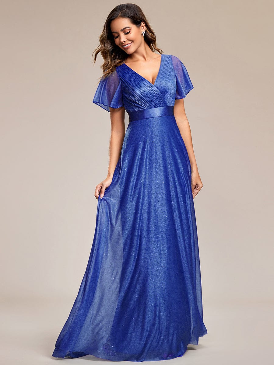 ever LIORÉ|Long Shimmery Flutter Sleeve Pleated V-Neck Evening Dress - Image 85