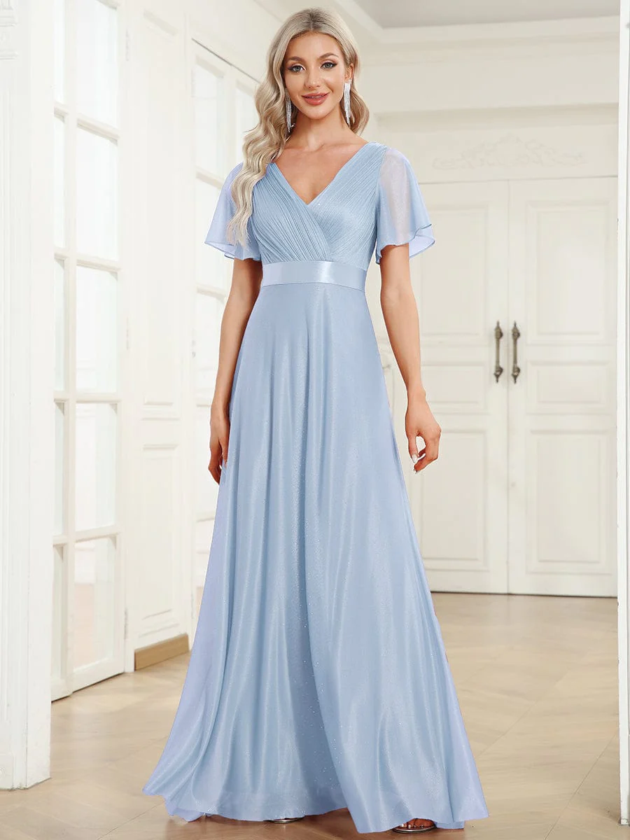 ever LIORÉ|Long Shimmery Flutter Sleeve Pleated V-Neck Evening Dress - Image 96