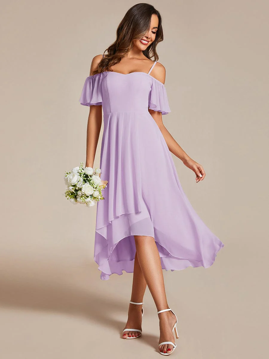 ever JORDANE|Off-Shoulder High-Low Chiffon Midi Dress with Short Sleeves in Pink - Image 11
