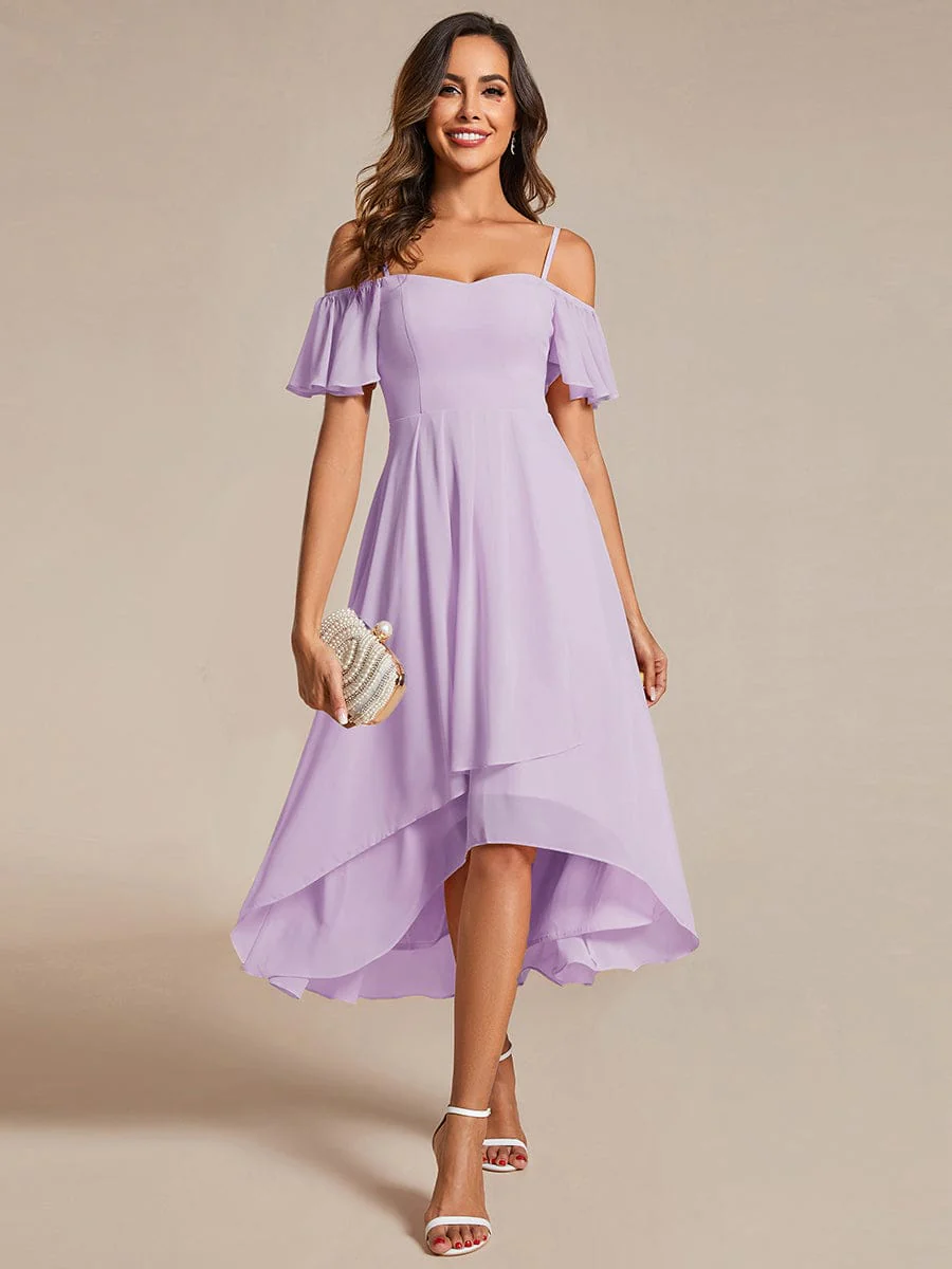 ever JORDANE|Off-Shoulder High-Low Chiffon Midi Dress with Short Sleeves in Pink - Image 12
