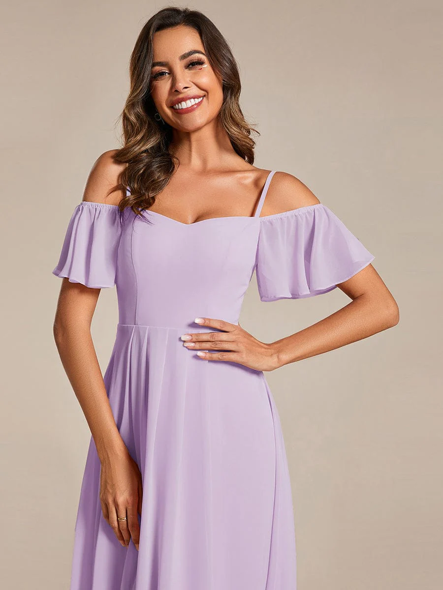 ever JORDANE|Off-Shoulder High-Low Chiffon Midi Dress with Short Sleeves in Pink - Image 13