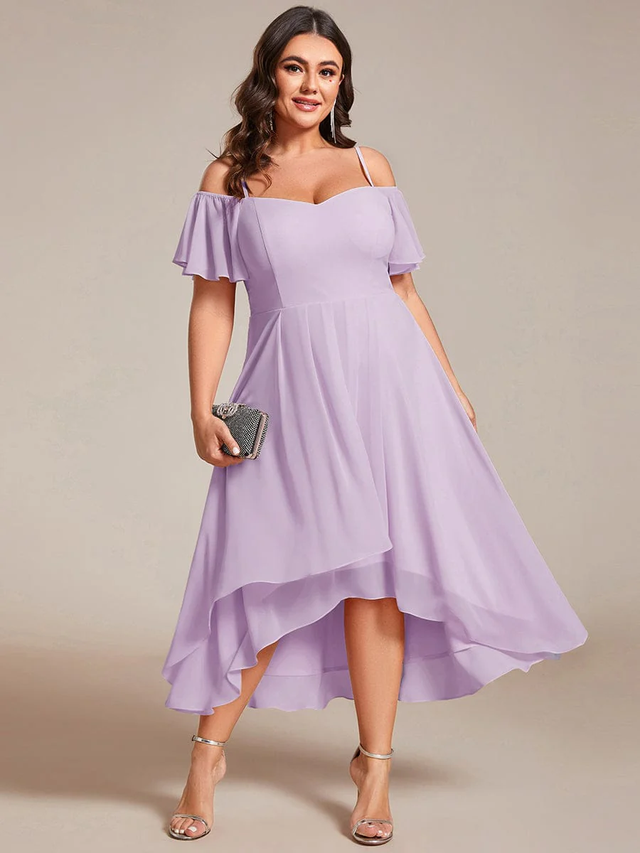 ever JORDANE|Off-Shoulder High-Low Chiffon Midi Dress with Short Sleeves in Pink - Image 14