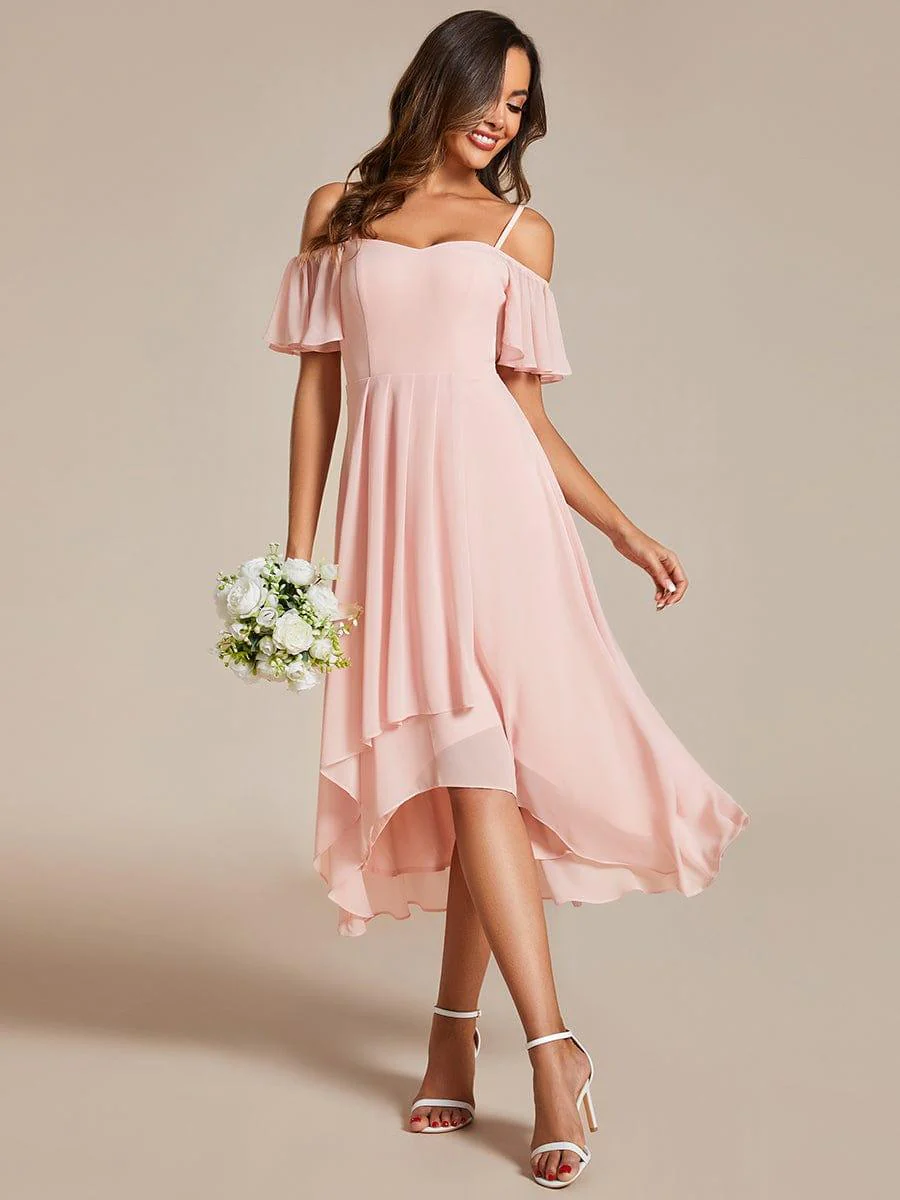 ever JORDANE|Off-Shoulder High-Low Chiffon Midi Dress with Short Sleeves in Pink - Image 4