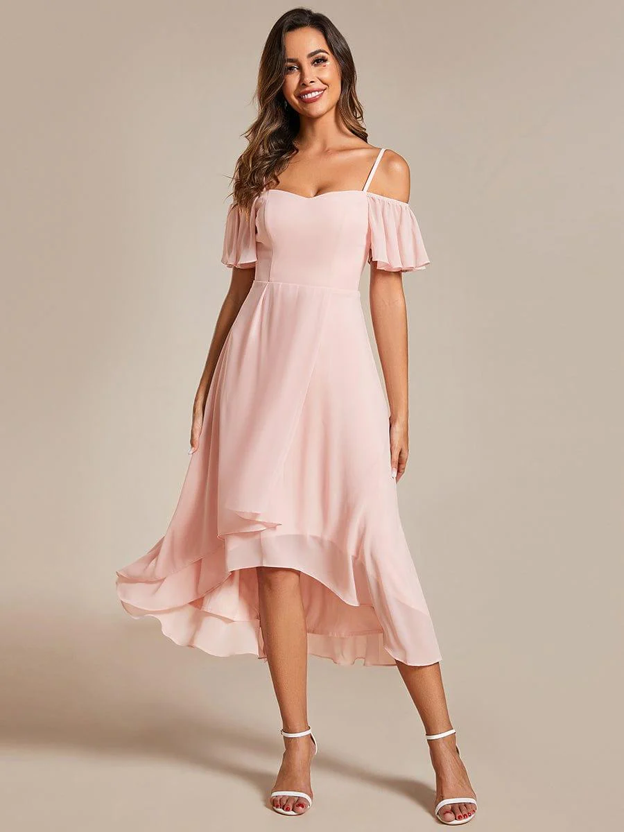 ever JORDANE|Off-Shoulder High-Low Chiffon Midi Dress with Short Sleeves in Pink - Image 5