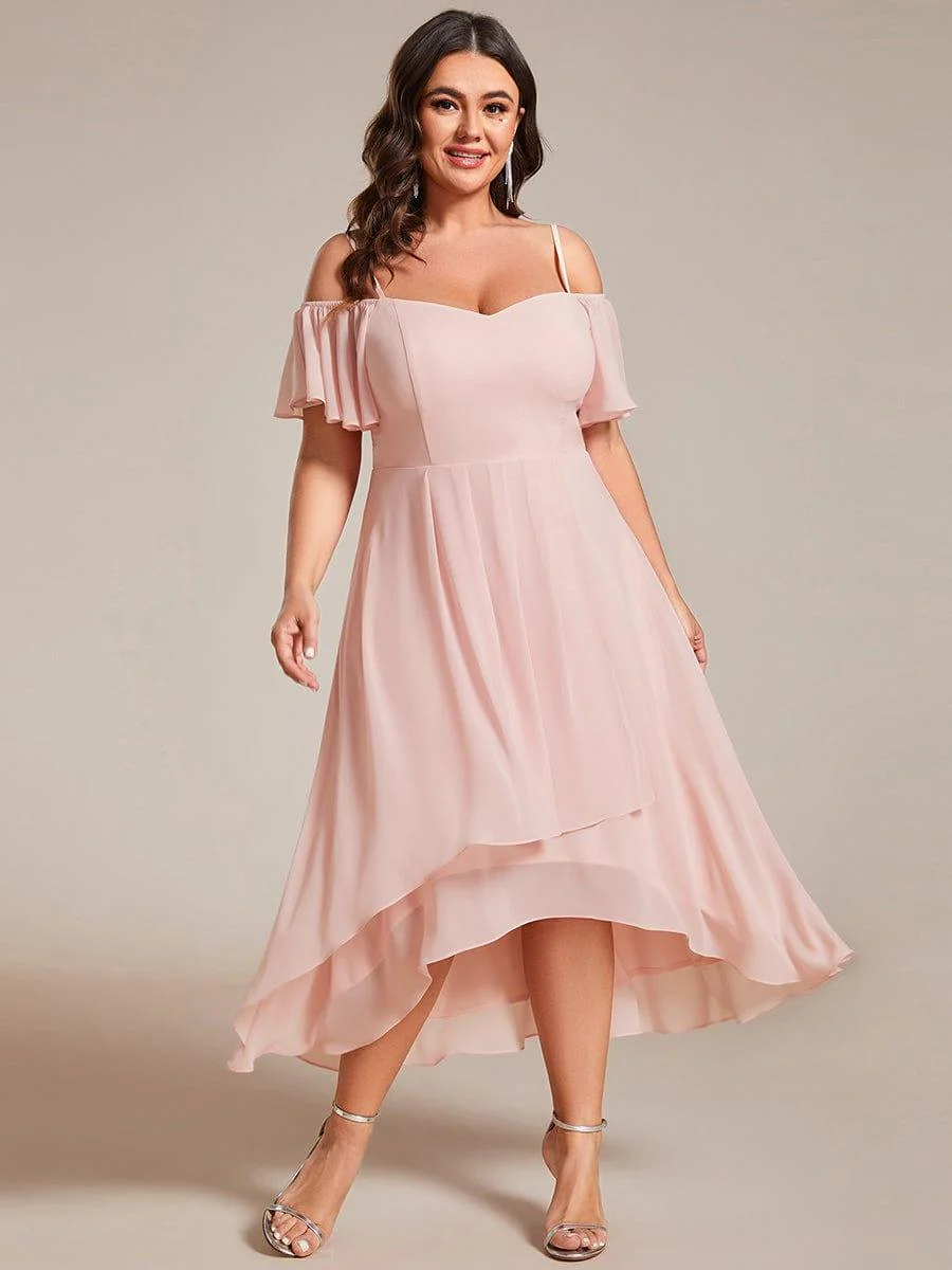 ever JORDANE|Off-Shoulder High-Low Chiffon Midi Dress with Short Sleeves in Pink - Image 6