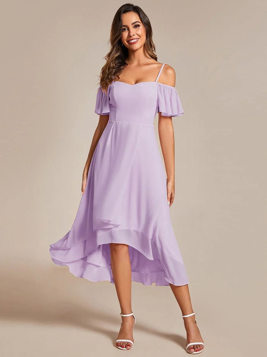 ever JORDANE|Off-Shoulder High-Low Chiffon Midi Dress with Short Sleeves in Pink - Image 9