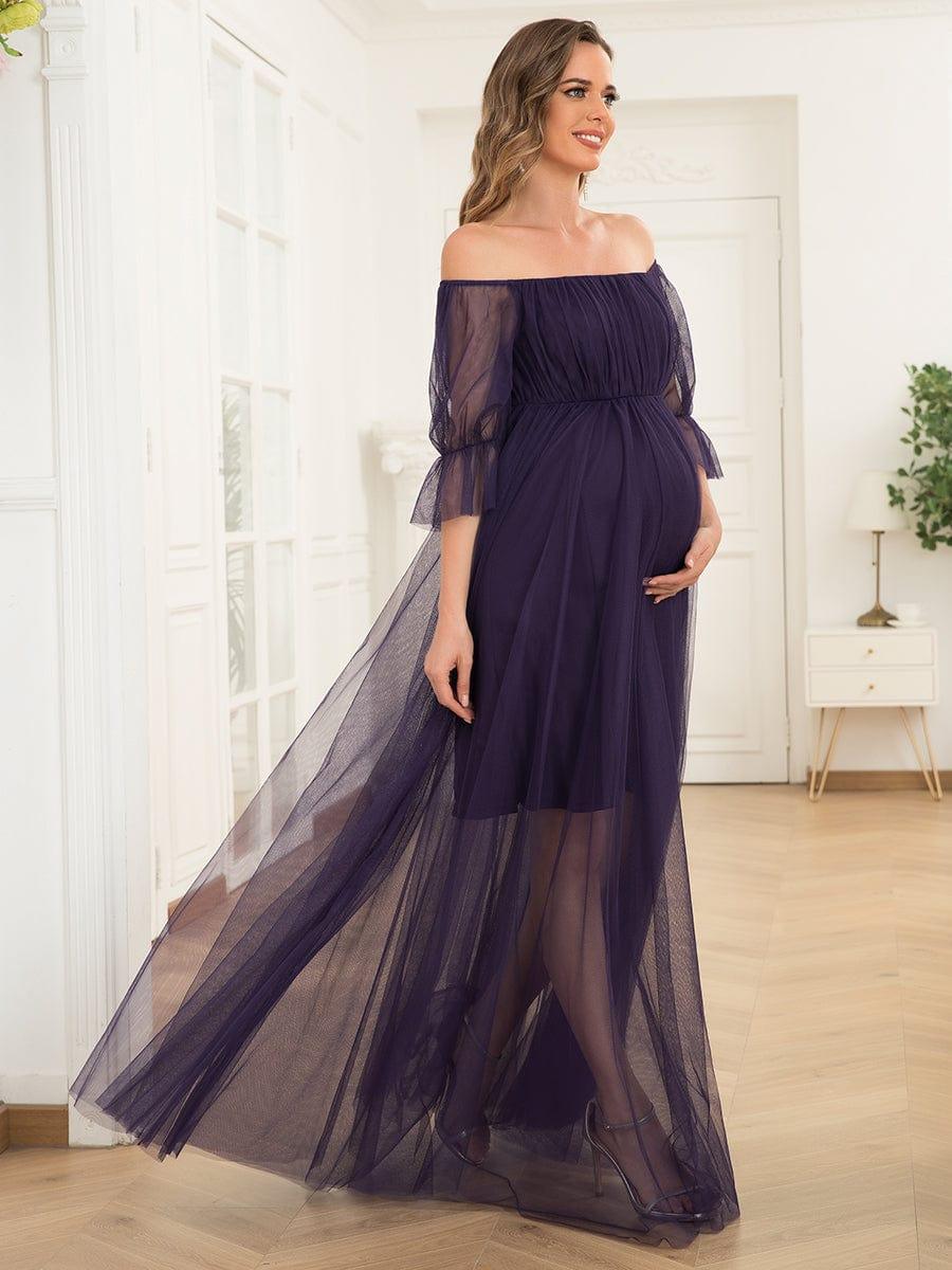 Off the Shoulder Pleated Tulle Maxi Maternity Dress - Image 12