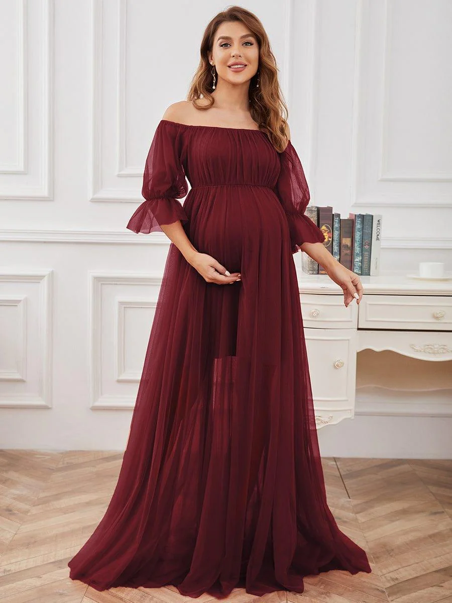 Off the Shoulder Pleated Tulle Maxi Maternity Dress - Image 15