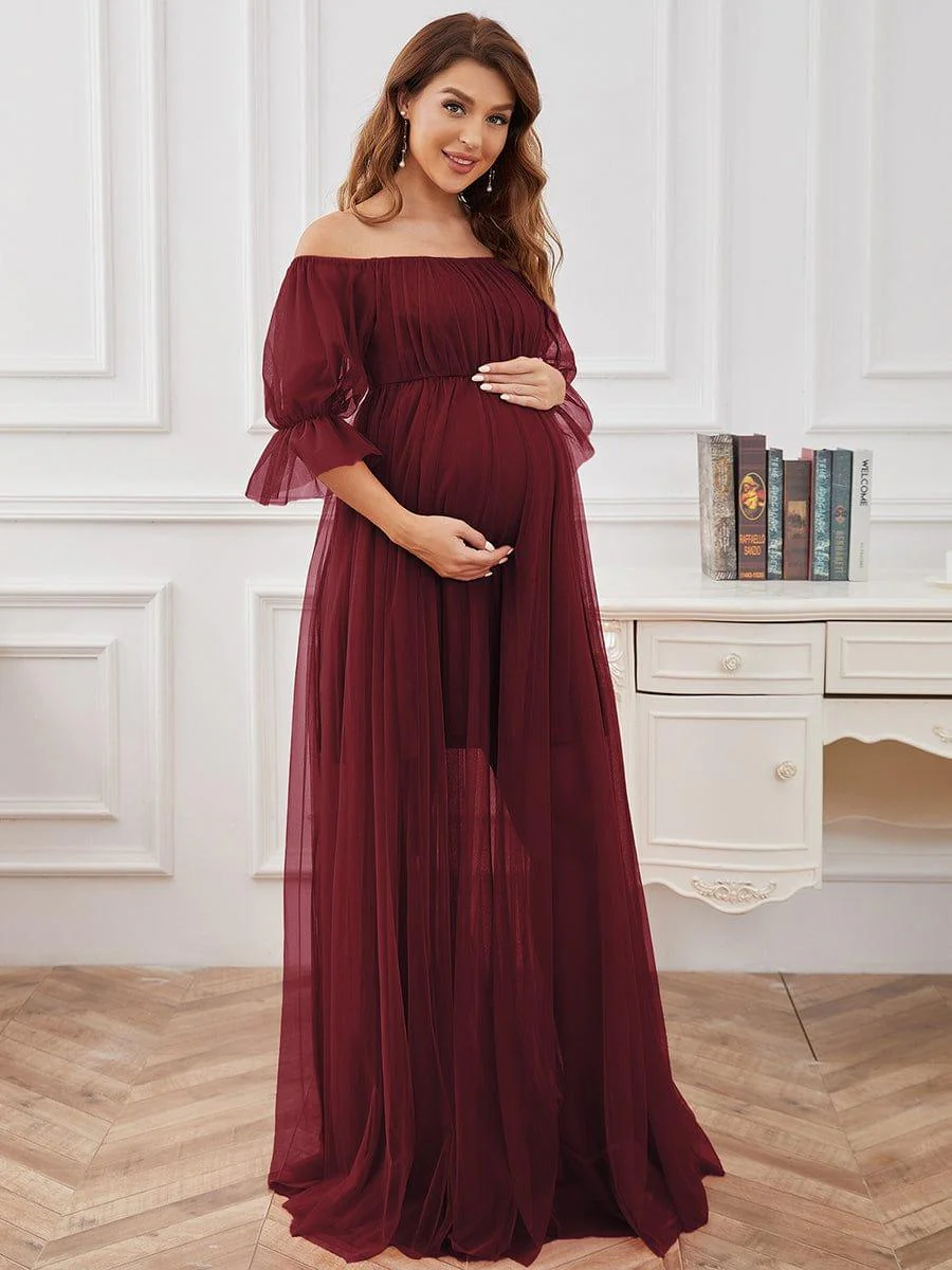 Off the Shoulder Pleated Tulle Maxi Maternity Dress - Image 18