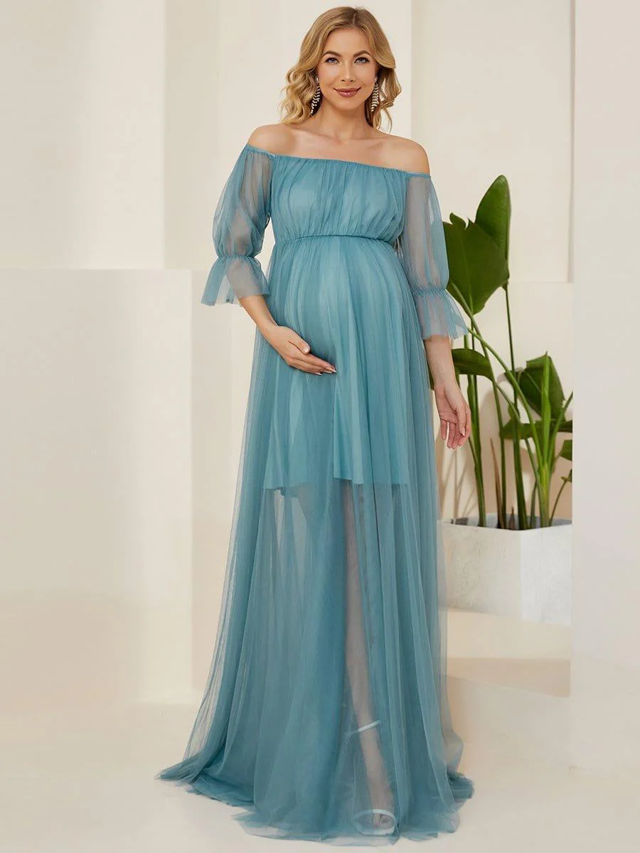 Off the Shoulder Pleated Tulle Maxi Maternity Dress - Image 21