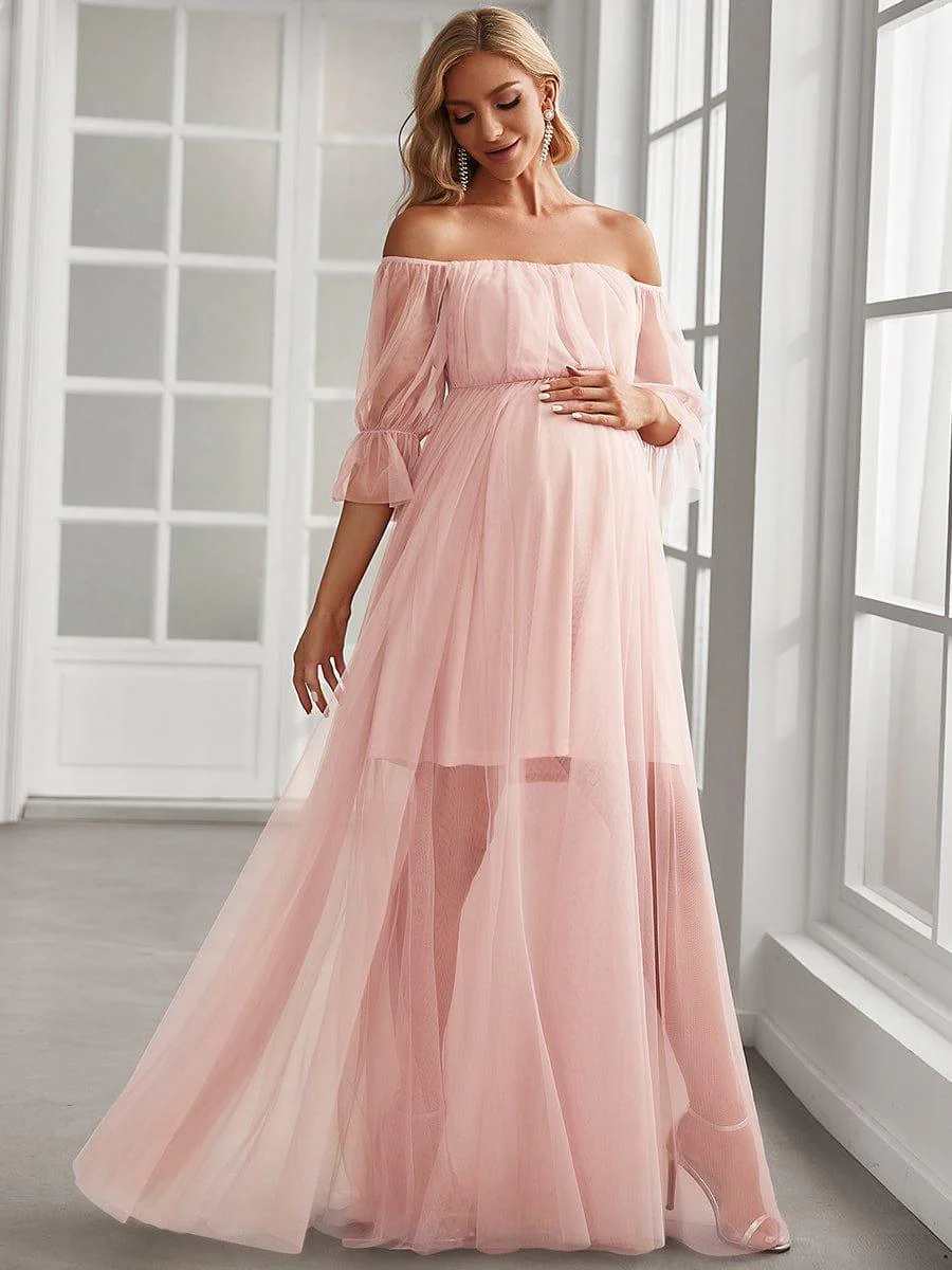 Off the Shoulder Pleated Tulle Maxi Maternity Dress - Image 24
