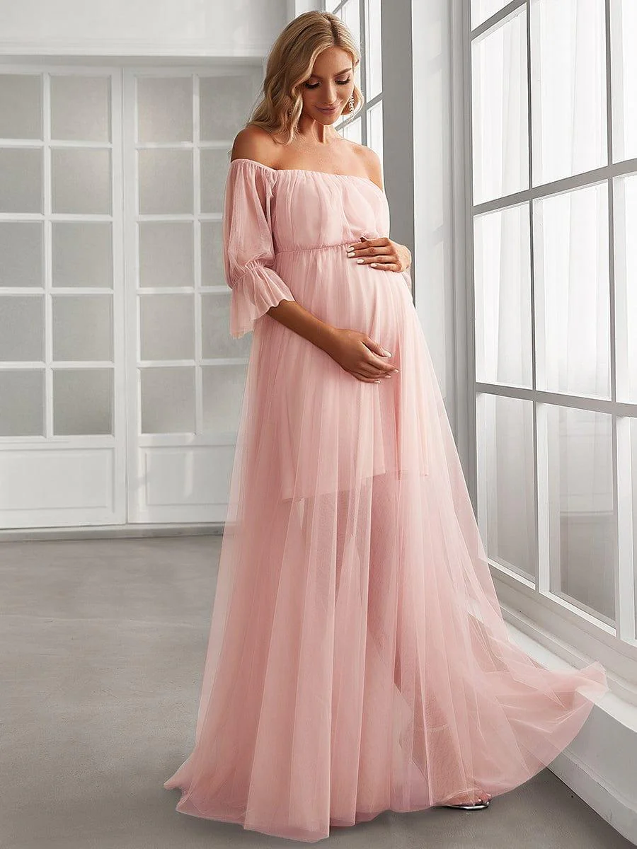 Off the Shoulder Pleated Tulle Maxi Maternity Dress - Image 27