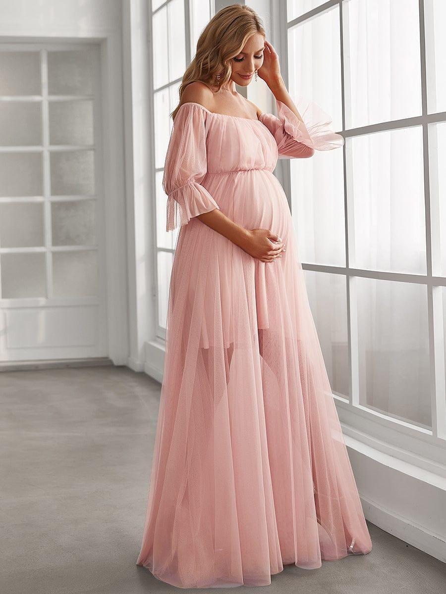 Off the Shoulder Pleated Tulle Maxi Maternity Dress - Image 28