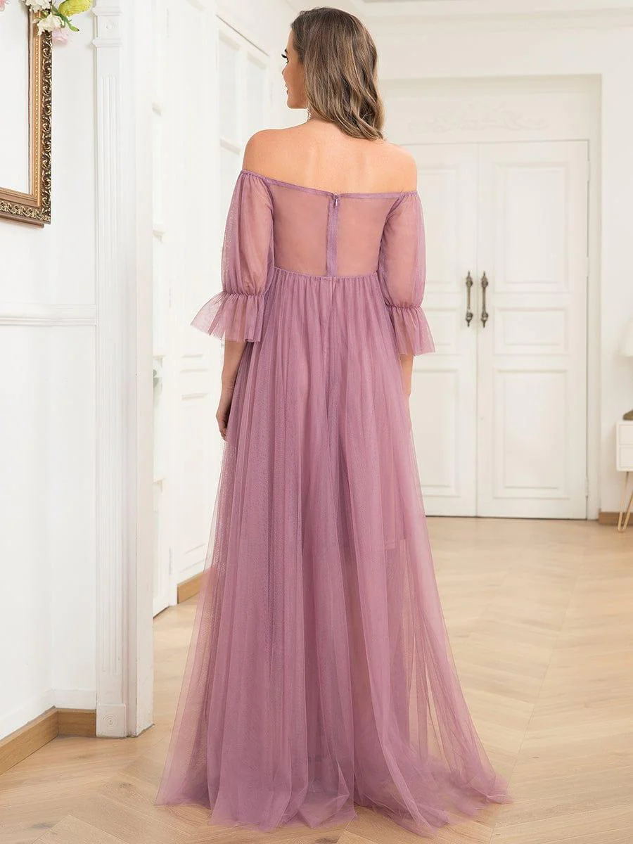 Off the Shoulder Pleated Tulle Maxi Maternity Dress - Image 30