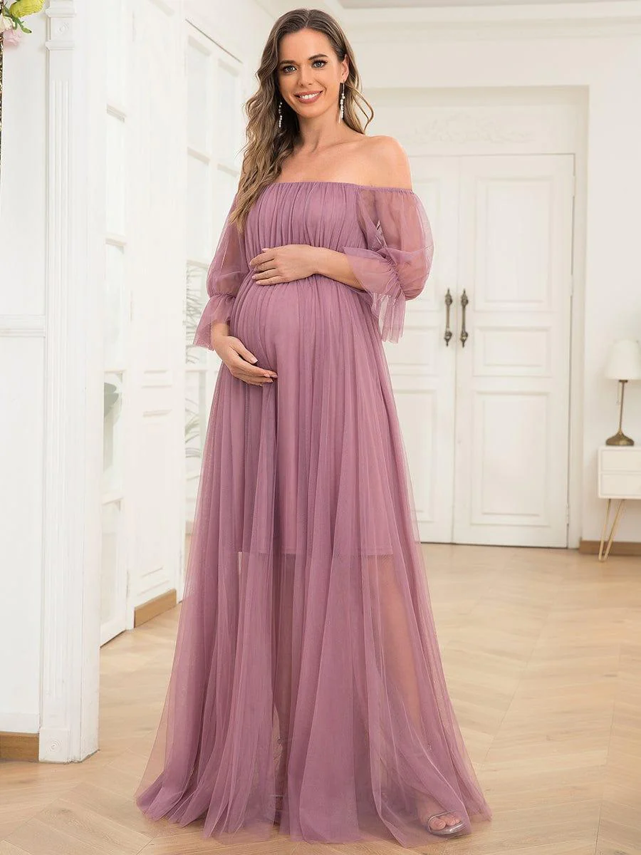 Off the Shoulder Pleated Tulle Maxi Maternity Dress - Image 31