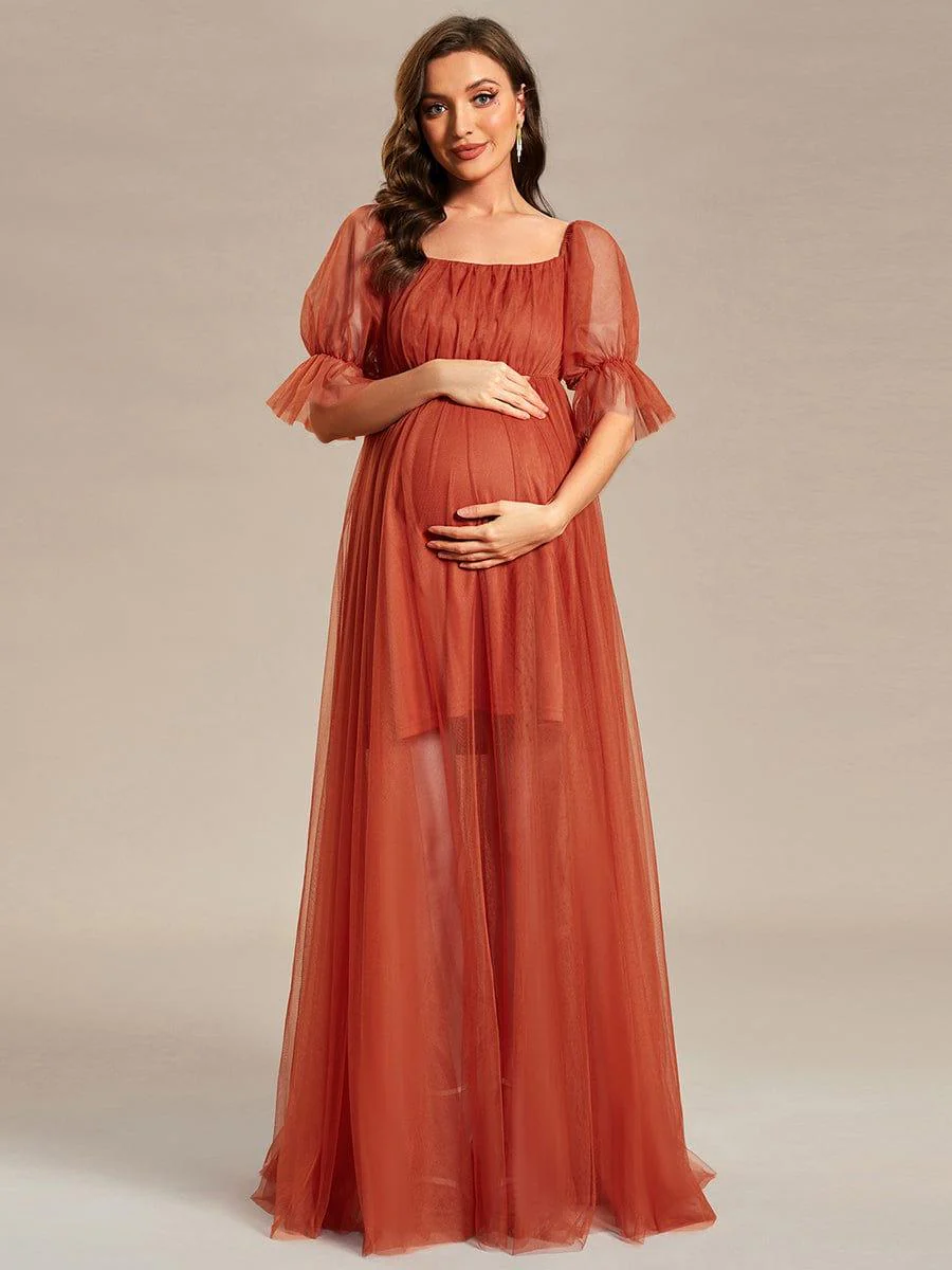 Off the Shoulder Pleated Tulle Maxi Maternity Dress - Image 4