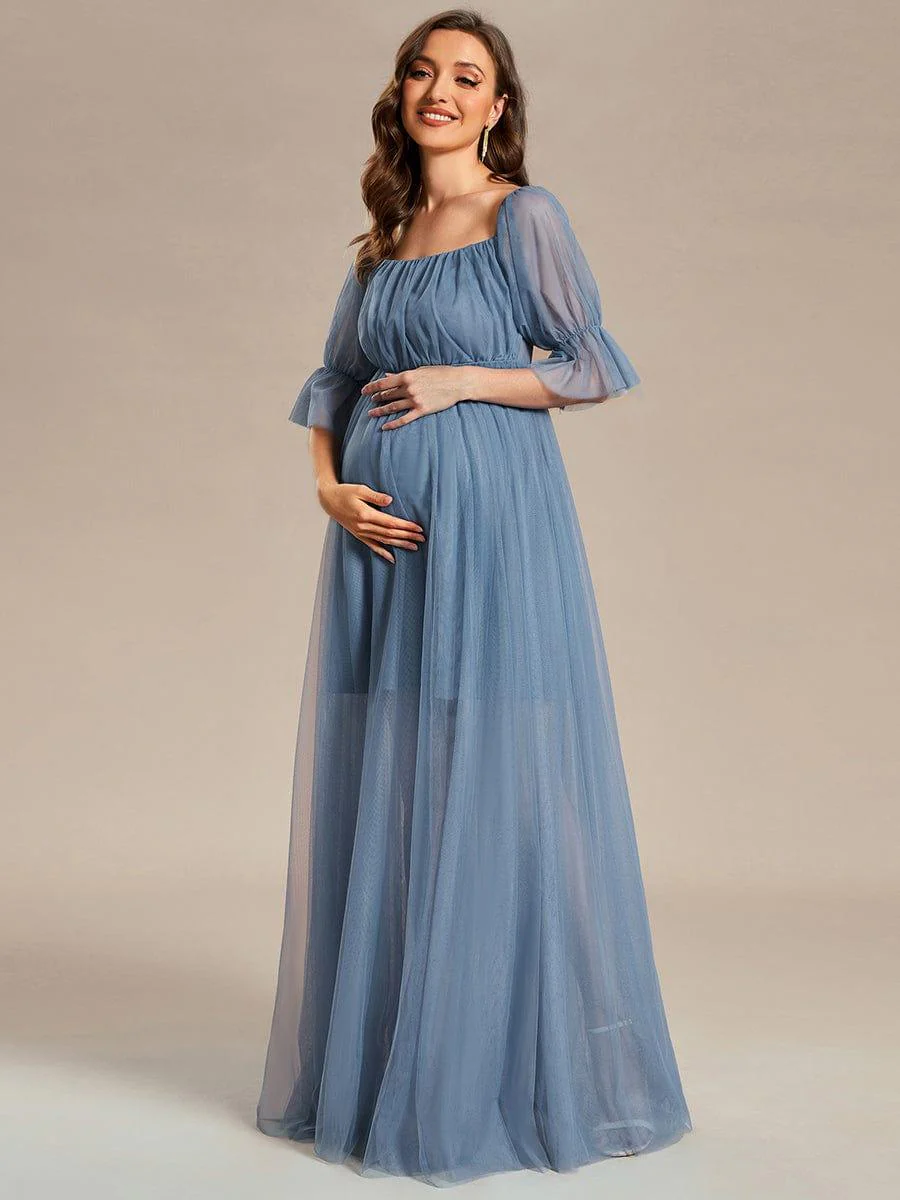 Off the Shoulder Pleated Tulle Maxi Maternity Dress - Image 41