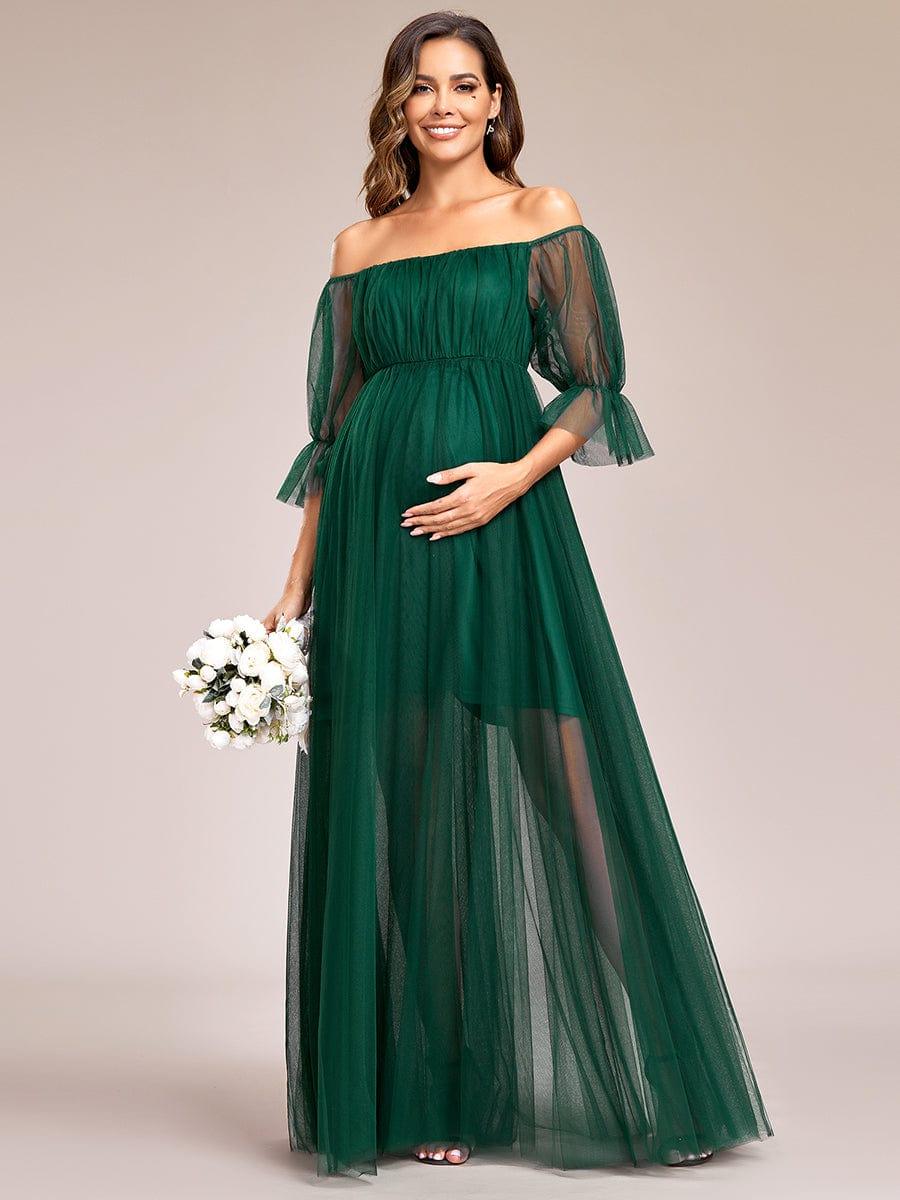 Off the Shoulder Pleated Tulle Maxi Maternity Dress - Image 42