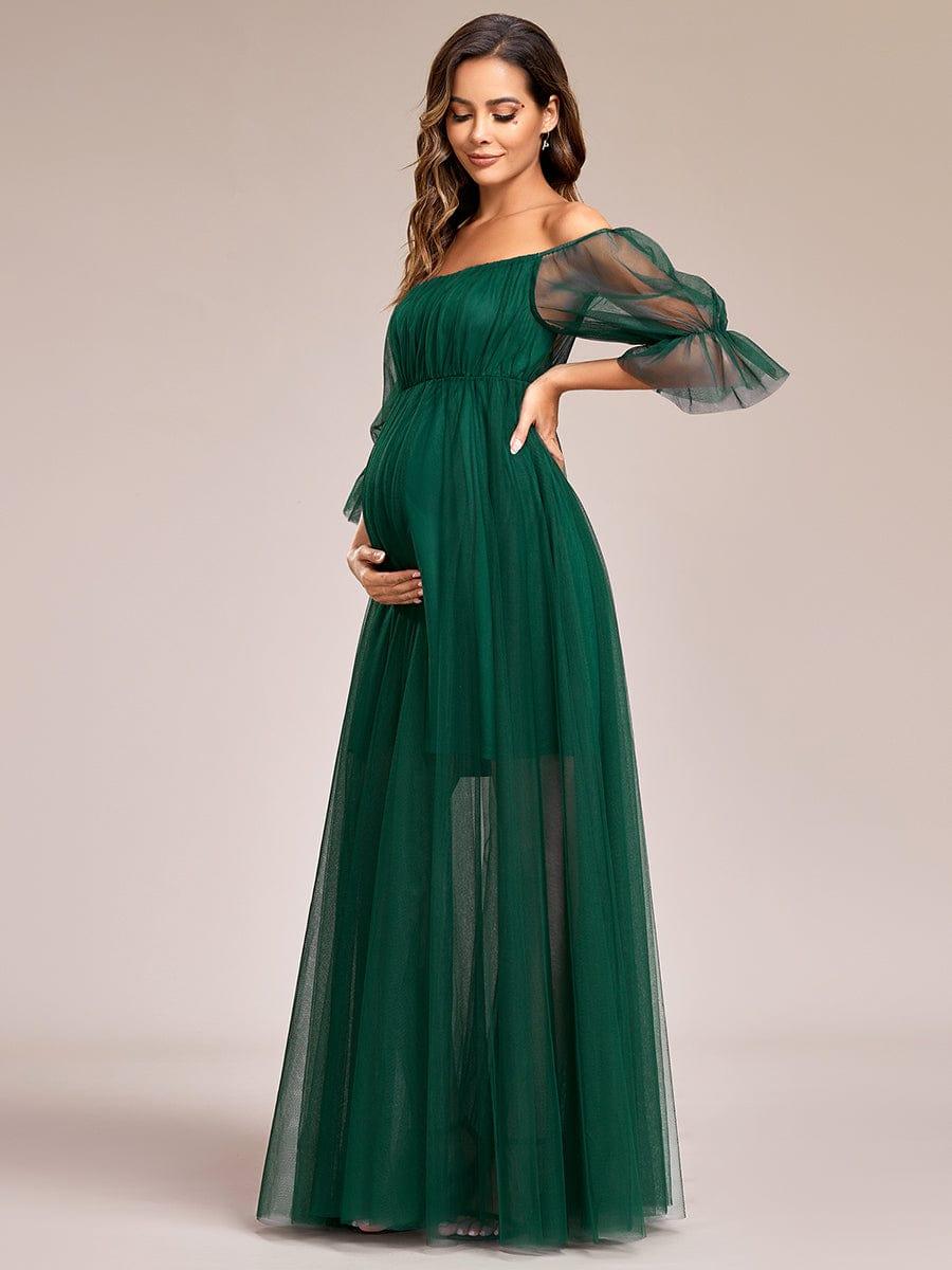 Off the Shoulder Pleated Tulle Maxi Maternity Dress - Image 45