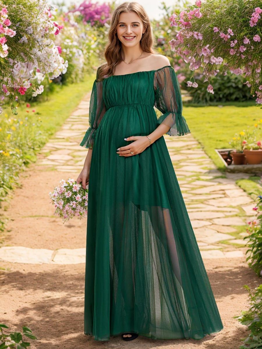 Off the Shoulder Pleated Tulle Maxi Maternity Dress - Image 46