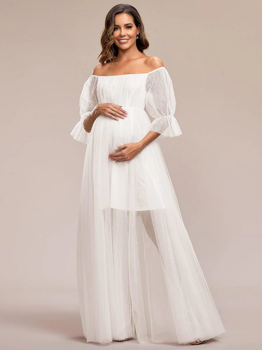 Off the Shoulder Pleated Tulle Maxi Maternity Dress - Image 47