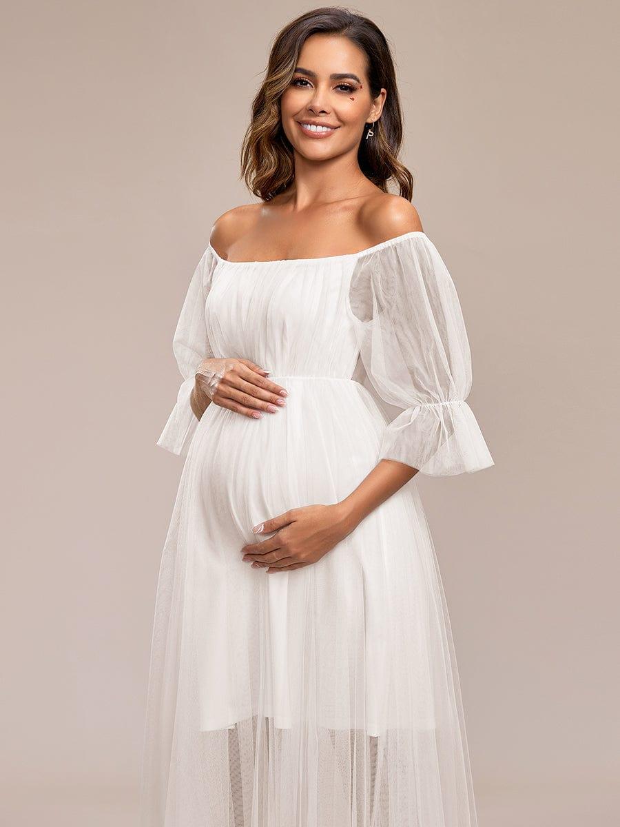 Off the Shoulder Pleated Tulle Maxi Maternity Dress - Image 49