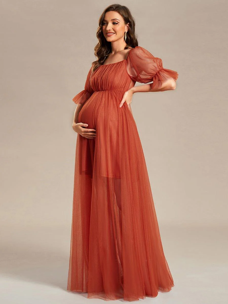 Off the Shoulder Pleated Tulle Maxi Maternity Dress - Image 5