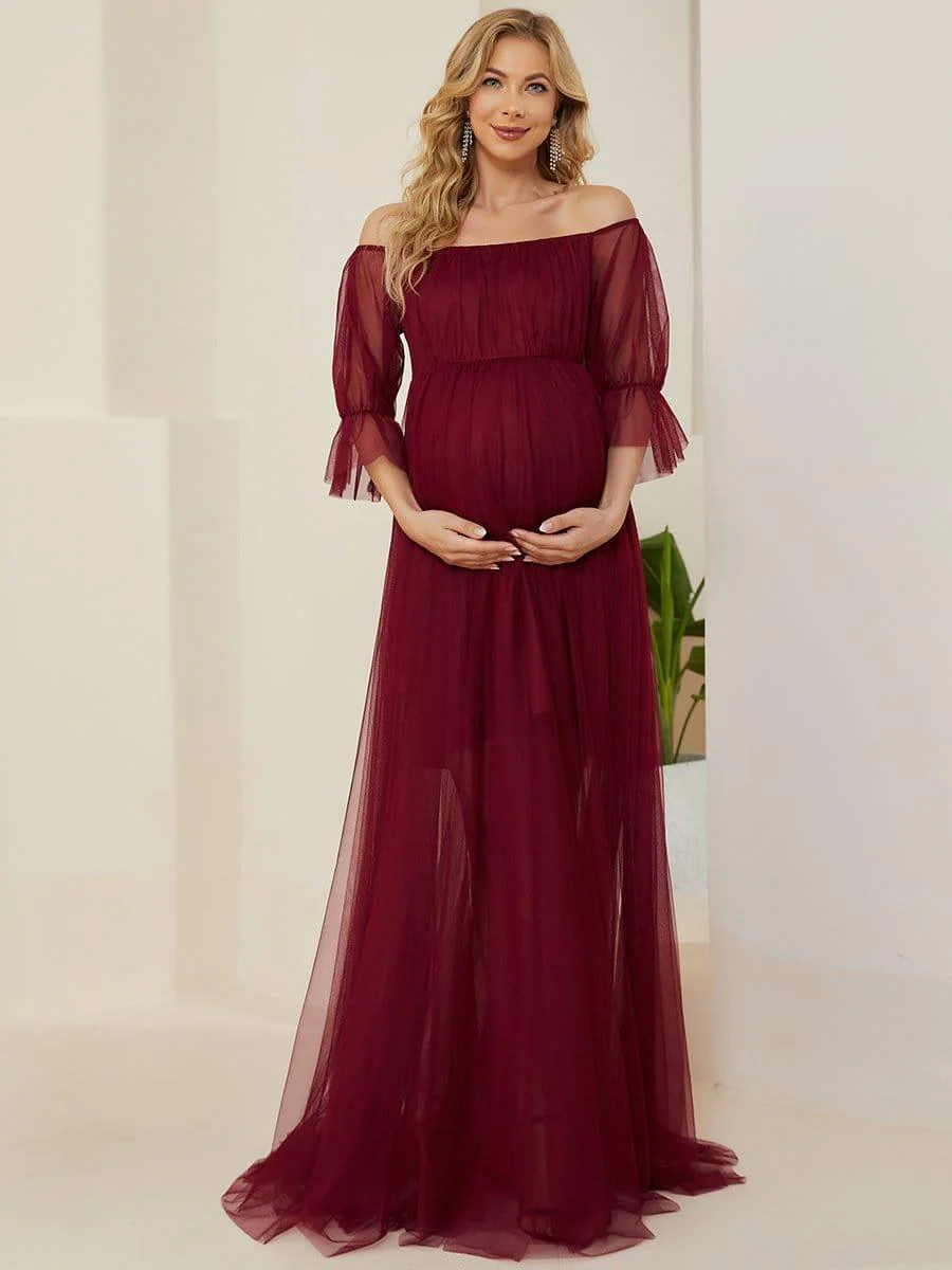 Off the Shoulder Pleated Tulle Maxi Maternity Wedding Guest Dress - Image 16