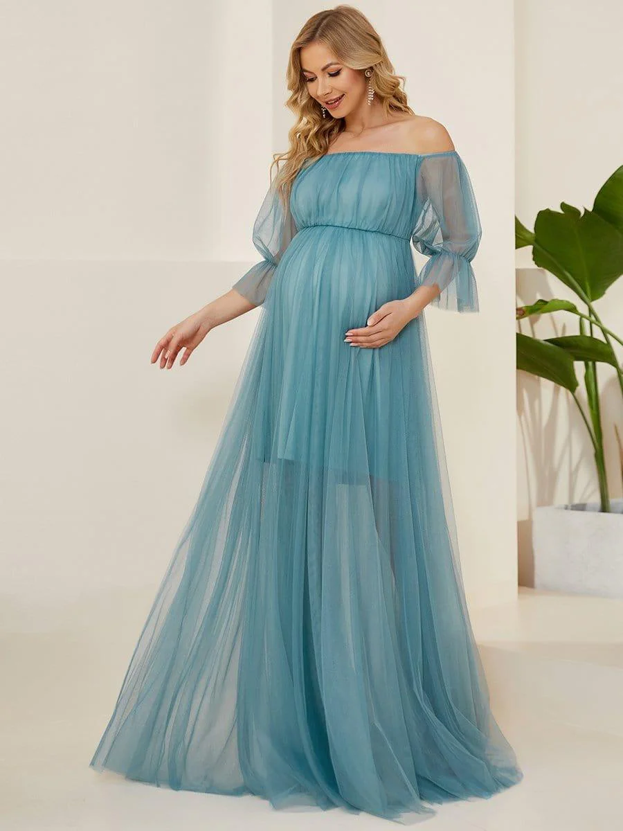 Off the Shoulder Pleated Tulle Maxi Maternity Wedding Guest Dress - Image 18