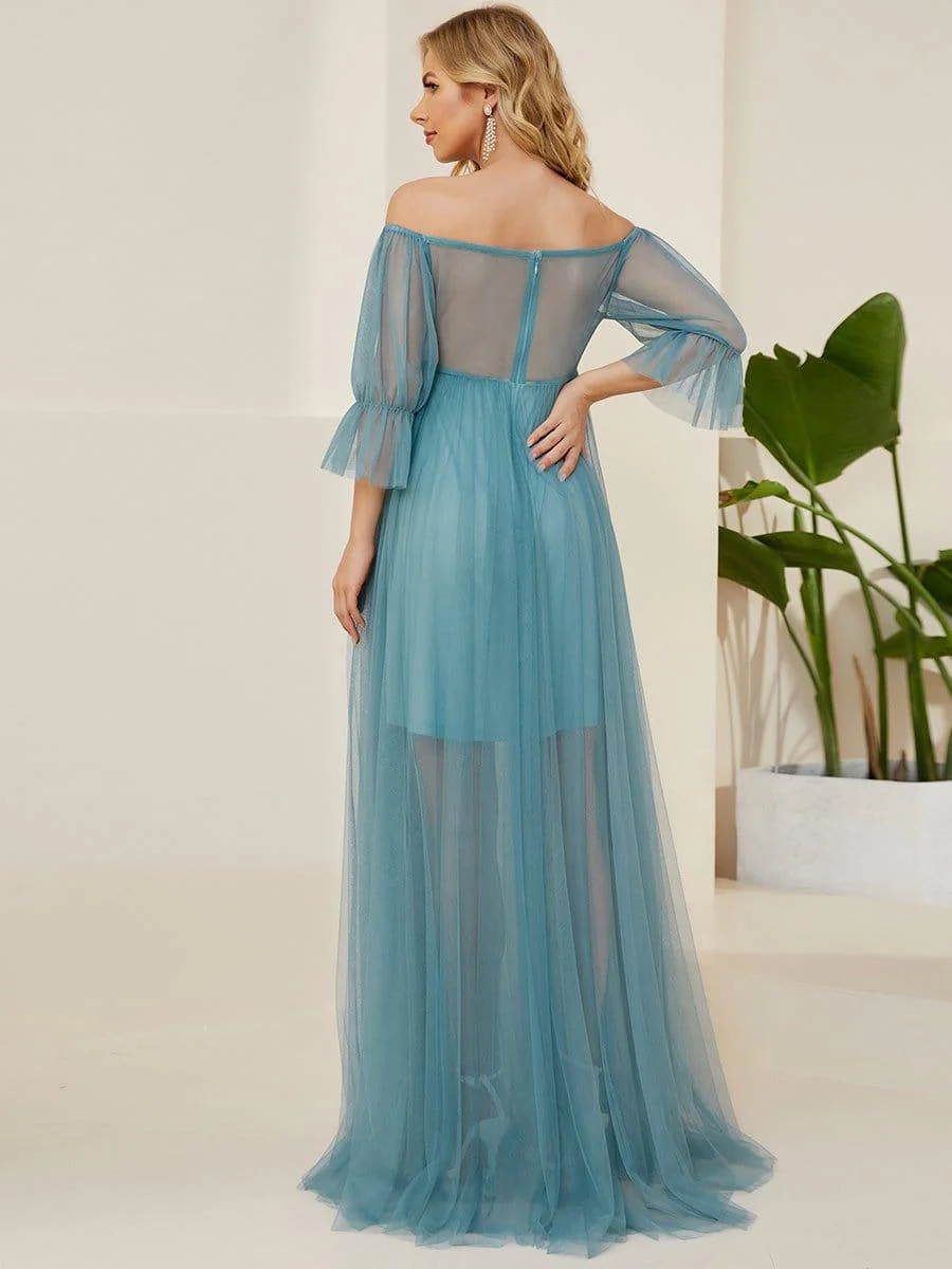 Off the Shoulder Pleated Tulle Maxi Maternity Wedding Guest Dress - Image 19